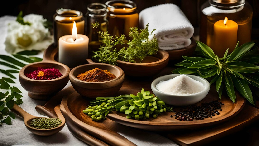 Ayurvedic herbs beside calming candles, reminding us that winter wellness begins with daily, grounding care