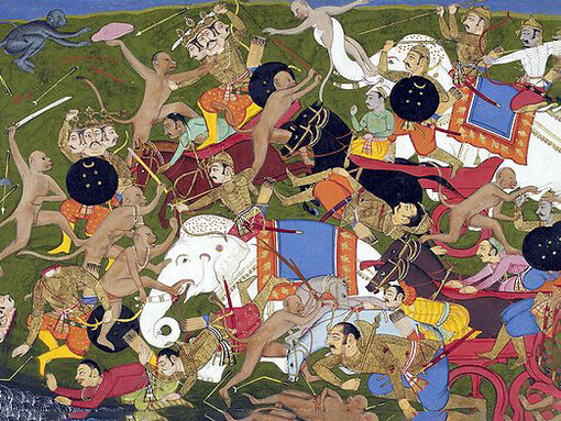 Ilustración de la batalla de Lanka, inspirada en el extenso poema épico Rāmāyaṇa, compuesto con una rica narrativa en verso