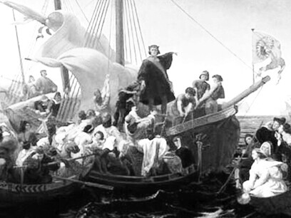 Emanuel Gottlieb Leutze (1816–1868)
"Cristóbal Colón en Santa María en 1492". Óleo sobre lienzo, 1855. A su llegada a bordo de la Santa María. Museo Metropolitano de Arte, Nueva York, EE. UU.