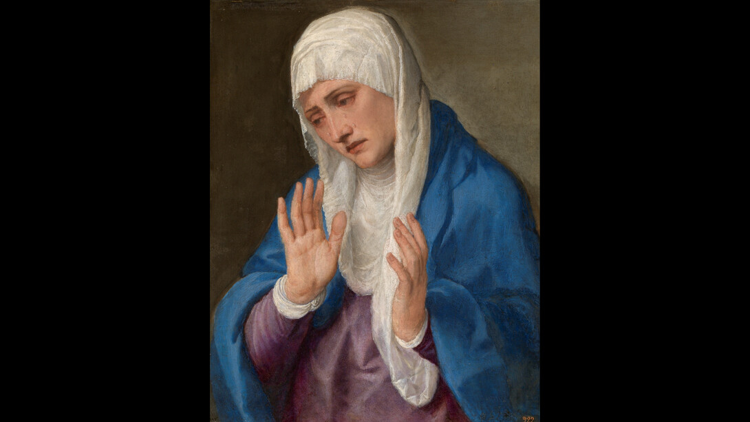 La Dolorosa con las manos abierta, Tiziano, Vecellio di Gregorio, Óleo sobre mármol, 68 x 55 cm | 1,9 x 2 cm grosor, 1555. Madrid, Museo Nacional del Prado