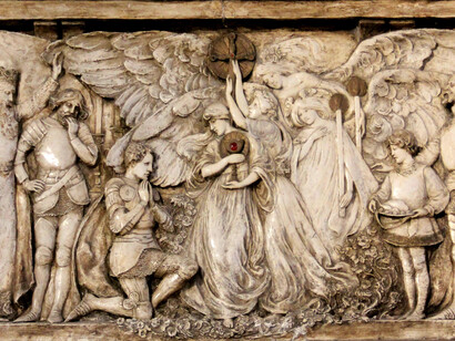 Sir Perceval de Frances Darlington, (1880-1940),  "La visión del Santo Grial". Obra en bajorrelieve en yeso pintado, ejecutada en 1907, iglesia de Santa María, Ingleton, North Yorkshire, Inglaterra
