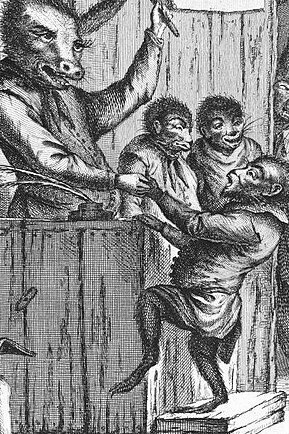 "Aula con animales como profesores y estudiantes", grabado, W.H. Toms, siglo XVIII