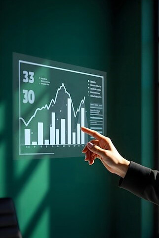 Professional showcasing data and statistics on digital systems and wall monitors