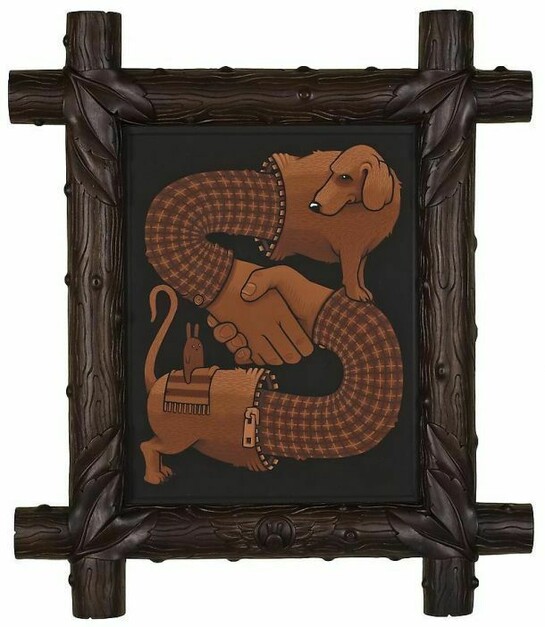 Jeremy Fish, Internal Cooperation, 2013, acrylic on wood panel, hand carved teak frame, 32 x 28 inches