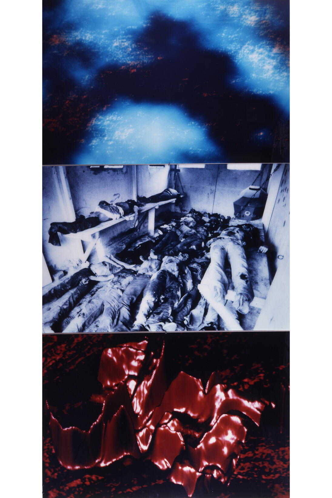 Gretchen Bender, 1951-2004, Untitled (Landscape, Computer Graphics, Death Squad) 1987, Three parts; Laminated colour photographs, support: 1016 x 1524 mm, each panel displayed: 3048 x 1524 mm, © Estate of Gretchen Bender. Image courtesy of The Mint Museum, Charlotte, NC.
