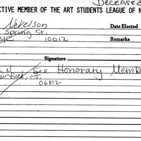 Louise Nevelson's student records, courtesy of the Art Students League of New York and Pace Gallery