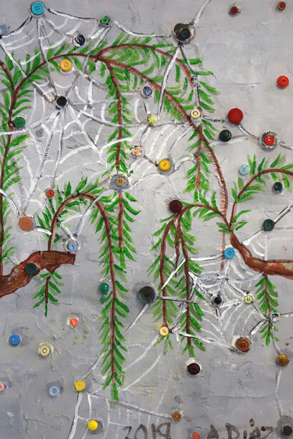 Alejandro Diaz, Xochimilco, 2019 acrylic, fiber paste, and vintage clothing buttons on canvas, 22 x 28 in. Courtesy of Ruiz-Healy Art