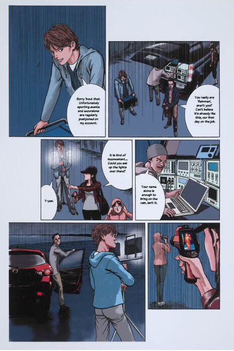 Hoshino Yukinobu (b. 1954), Unpublished extract from Rainman, 2015. Digital print, hand drawn with colour added on computer © Hoshino Yukinobu