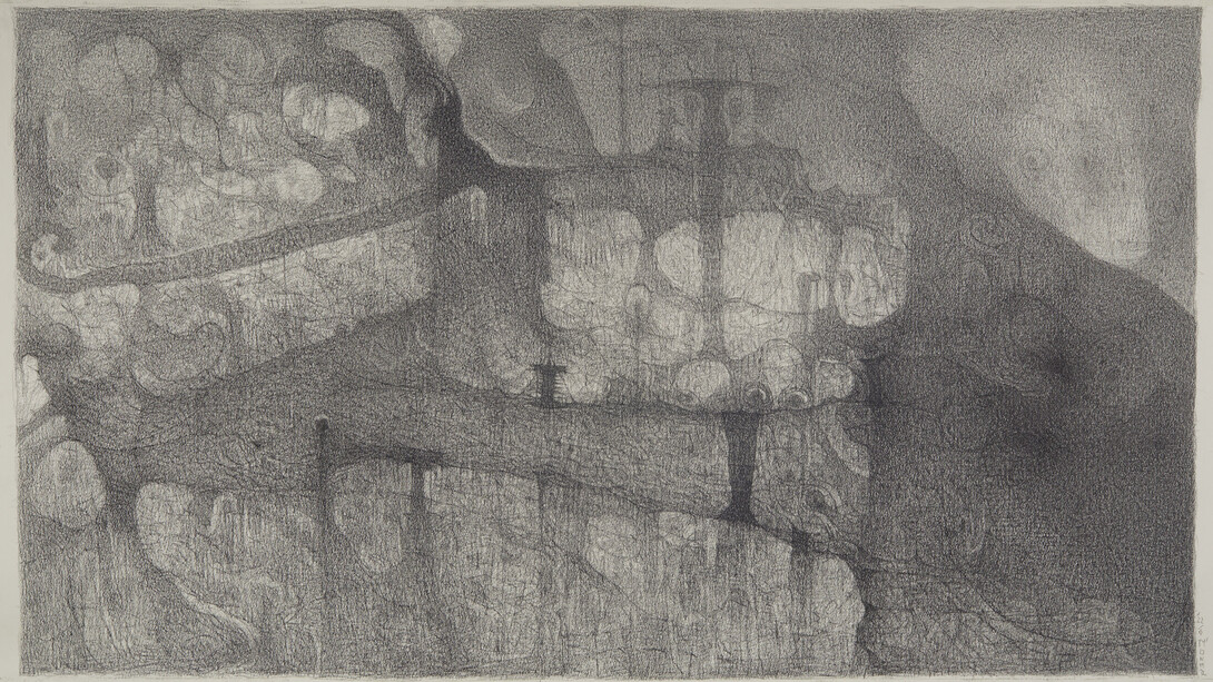 M'onma, Untitled, 2022, graphite on paper, 21.25x38.5 inches. Courtesy of Cavin Morris Gallery