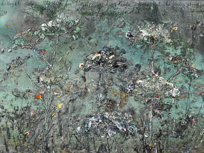Anselm Kiefer, für Walter v.d. Vogelweide: Under der Linden, 2014, Acrylic, emulsion, oil, shellac, charcoal and sediment of electrolysis on photograph mounted on canvas, 185 x 332 cm (72,83 x 130,71 in), Courtesy Galerie Thaddaeus Ropac, Paris/Salzburg © Anselm Kiefer, Photo: Ulrich Ghezzi