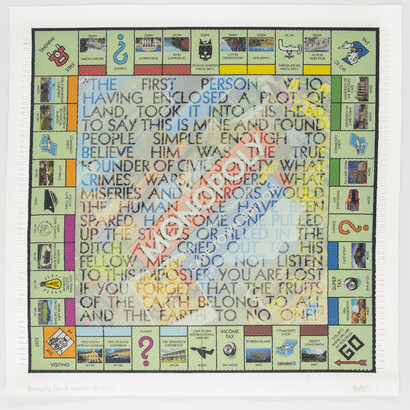 Dan Halter, Monopoly social contract, 2021, hand woven archival ink-jet prints, 57,5 x 57,5 cm. Courtesy Dan Halter and Osart Gallery. Photo by Geena Wilkinson