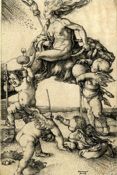 A witch riding backwards on a goat, with four putti, two carrying an alchemist's pot, a thorn apple plant, C.1500, Albrecht Dürer (1471-1528),. Engraving. © The Trustees of the British Museum
