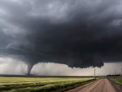 As storm chasers document a tornado under a stunning supercell storm on a Kansas dirt road, they capture the intensity of extreme weather events, including hurricanes, USA