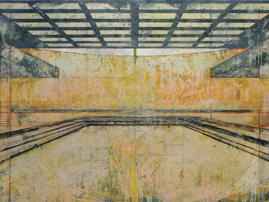 Harry Adams, Chaos of super-thinking at the modernist ruin, dettaglio, oil characoal and beeswax encaustic on cotton covered boards, 122 x 244 cm 