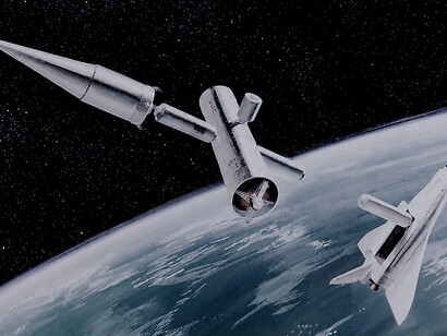 This 1971 artist’s concept depicts a Nuclear Shuttle and an early Space Shuttle docked with an Orbital Propellant Depot. Envisioned by planners at NASA’s Marshall Space Flight Center, the modular depot would be periodically supplied by the Space Shuttle or Earth-to-orbit fuel tankers, providing large quantities of propellant for orbital vehicles and future spacecraft operations