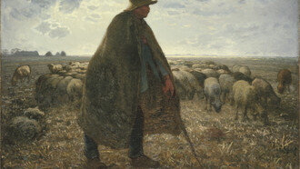 Jean-François Millet (French, 1814–1875). "Shepherd Tending His Flock", early 1860s. Oil on canvas, 32 3/16 x 39 9/16 in. (81.8 x 100.5 cm). Brooklyn Museum, Bequest of William H. Herriman, 21.31. (Photo: Brooklyn Museum)