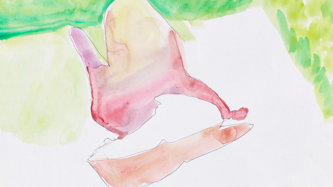 Maria Lassnig 
Am Lande (In the Countryside)
ca. 1986-1999
Watercolour, pencil on paper
43 x 61 cm / 16 7/8 x 24 in
© Maria Lassnig Foundation
Courtesy the Foundation and Hauser & Wirth
Photo: Roland Krauss 
