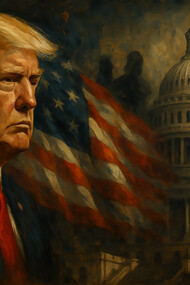 A powerful portrait of Donald Trump set against the American flag and Capitol dome, symbolizing the turbulent intersection of leadership, national identity, and executive power in modern America