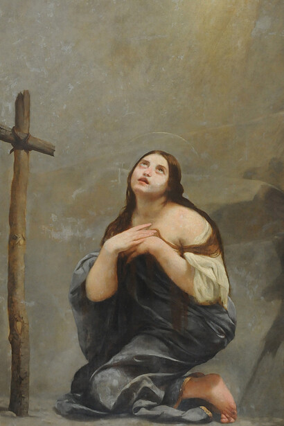 Guido Cagnacci, "Penitent Magdalene", 1637. Oil on canvas, 85 7/8 x 61 7/8 in. (218 x 157 cm). Santa Maria Maddalena della Benedettine, Urbania. Courtesy Ufficio Arte Sacra e Beni Culturali dell’Arcidocesi di Urbino Urbania Sant’Angelo in Vado