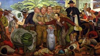 «Gloriosa victoria» (1954), Diego Rivera: en el centro del cuadro, el secretario de estado de los EE.UU, John Foster Dulles le da la mano a Castillo Armas; el jefe de la CIA, Allen Dulles, y el embajador estadounidense en Guatemala, John Peurifoy están regalando dinero a los comandantes militares, mientras que los indígenas trabajan como esclavos, cargando los barcos de la United Fruit Company con bananos. A los pies del embajador, hay una bomba antropomorfizada que contiene la cara sonriente del presidente Dwight Eisenhower