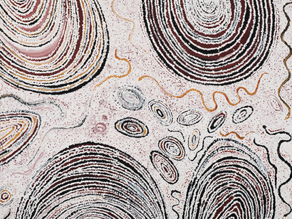 Billy Joongoora Thomas, Gunambalayi—Travels of the Black Snake, 2004, Natural earth pigments and synthetic binder on canvas, 59 1/16 x 70 7/8 inches