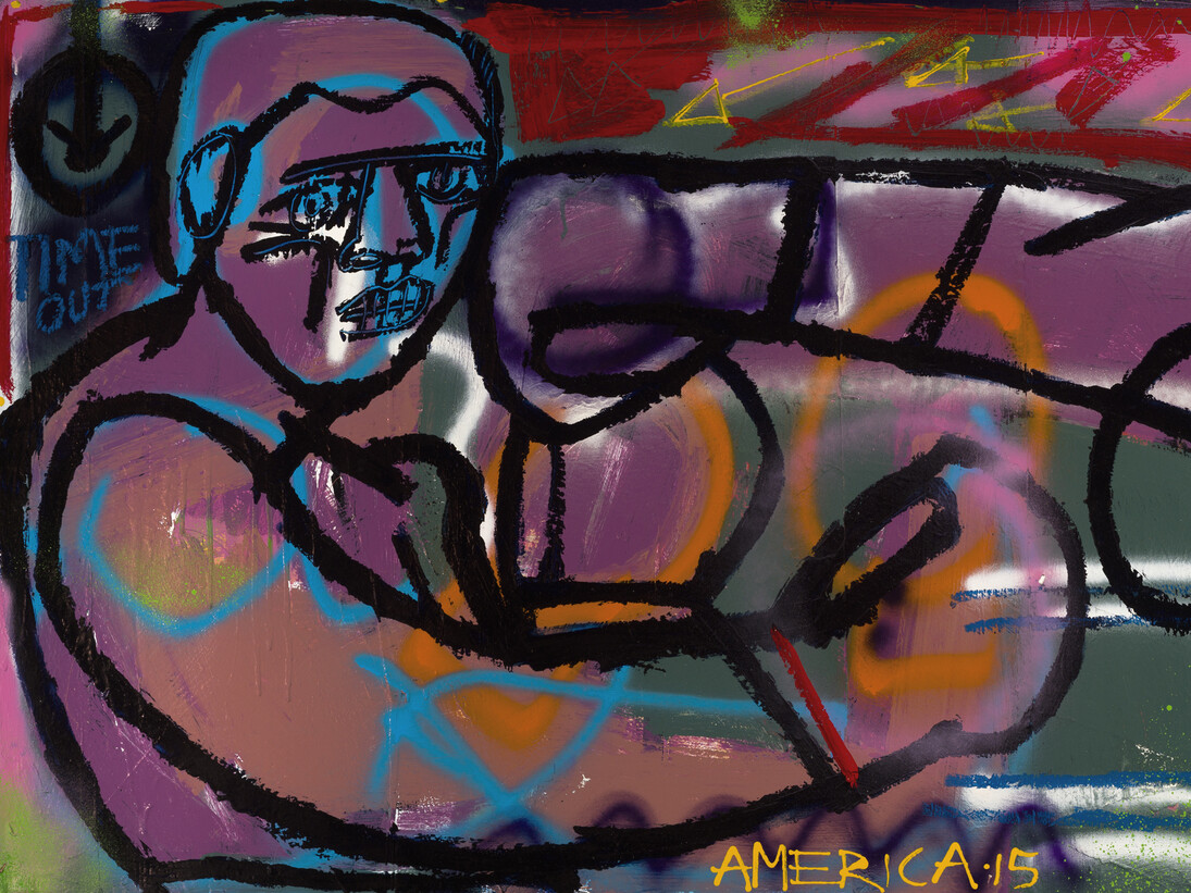 America Martin, I’m Gonna Pound You, 2015
Oil, Acrylic & Spray Paint on Paper
39-1/2 x 78-3/4 Inches
