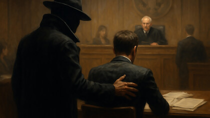 A shadowy figure quietly supports a litigant in a tense courtroom, symbolizing the hidden forces influencing modern legal battles