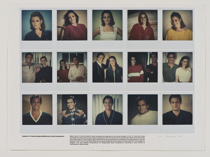 Robert Heinecken. Lessons in Posing Subjects/Matching Facial Expressions. 1981. Fifteen internal dye-diffusion transfer prints (SX-70 Polaroid) and lithographic text, mounted on Rives BFK paper. 15 × 20" (38.1 × 50.8 cm) overall. Collection UCLA Grunwald Center for Graphic Art, Hammer Museum, Los Angeles. Gift of Dean Valentine and Amy Adelson. © 2013 The Robert Heinecken Trust 
