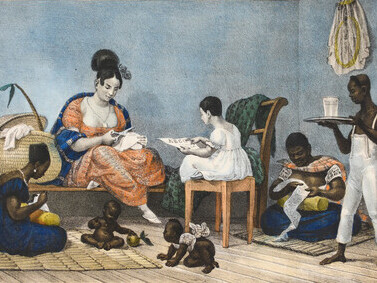Uma Dama de Fortuna Comum em seu Interior no Meio de seus Hábitos Diários, uma das aquarelas de J-B Debret durante sua viagem ao Brasil de Debret, Jean-Baptiste, Viagem pitoresca e histórica ao Brasil, São Paulo 1816-1831