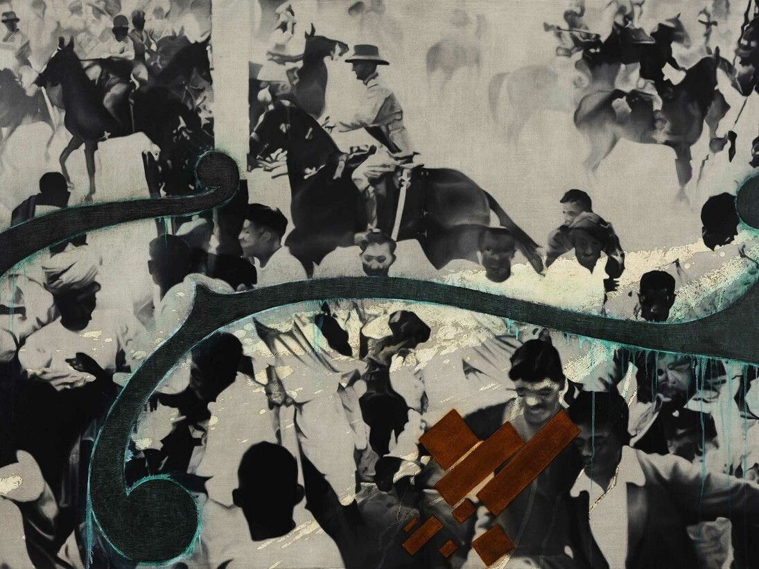 Atul Dodiya, ‘Police Riders, Bombay, April 1930’, 2014, Oil on canvas, 137,2 x 198,1 cm / 54 x 78 in, Courtesy of the artist and Galerie Daniel Templon, Paris & Brussels