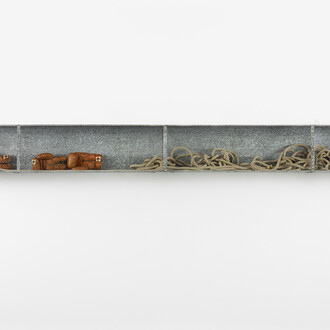 Joseph Beuys, Boxkampf für die direkte Demokratie, 1972, Mixed media in tin and glass vitrine, 40 x 515 x 30.5 cm. Courtesy of Waddington Custot
