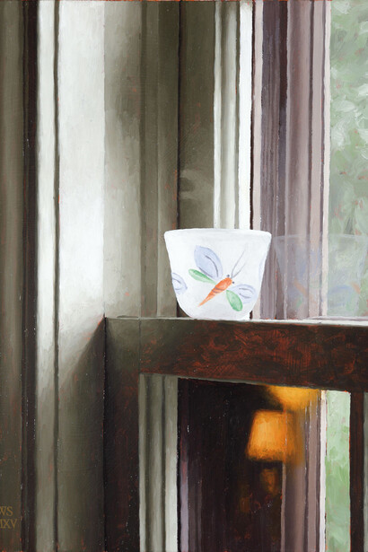 Harry Steen, Glass on sash, oil on board, 12 x 9 inches
