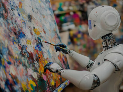 A robot holding a paintbrush creates a vibrant digital artwork, blurring the line between machine and artist