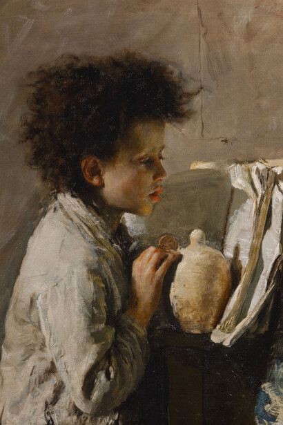 Antonio Mancini, Scugnizzo col salvadanaio, olio su tela 64 x 51 cm