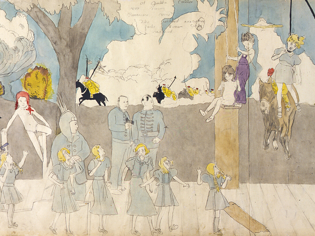 Henry Darger, At Wickey San Rinia – They are captured …, entre 1950 et 1960, gouache, mine de plomb et encre sur papier, 48 x 128 cm. Collection abcd