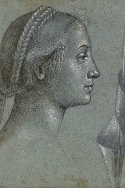 Vittore Carpaccio (c. 1460-66‒c. 1525-6), Studies of female heads (double-sided sheet), Black chalk, pen, wash and white highlighting on blue paper, 23.8 x 18.4 cm © Ashmolean Museum, University of Oxford