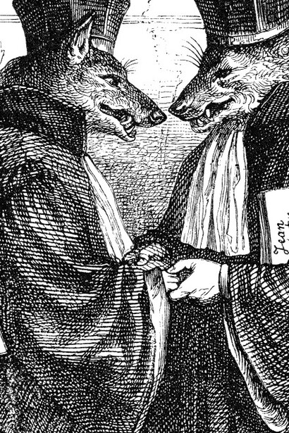 "Los lobos no se comen entre si", ilustración del libro "Cien proverbios", J. J. Grandville, 1845