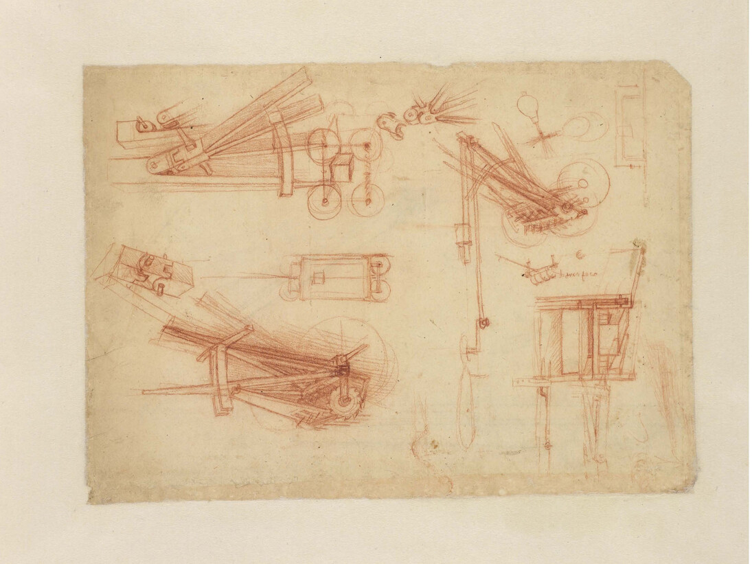Schizzi di catapulte (SB), penna e inchiostro su carta, 190 – 252 x 113 – 226 mm, antica numerazione 74, C.A. f. 1100 r (ex 396 r-a), circa 1490
