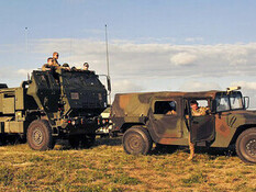 The M142 High Mobility Artillery Rocket System (HIMARS) in action during NATO's Saber Strike 18 military exercise