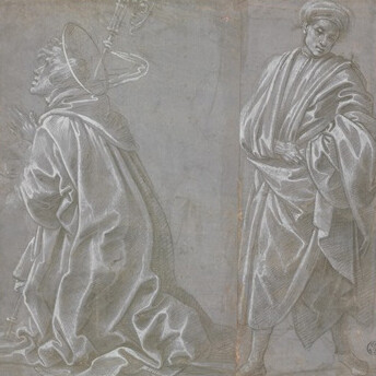 Filippino Lippi, Studi per due uomini seduti, uno rivolto verso destra e l’altro verso sinistra, 
Punta metallica, con lumeggiature di biacca su carta preparata in colore grigio, mm 239 x 248
Firenze, Gabinetto Disegni e Stampe degli Uffizi, inv.171 
