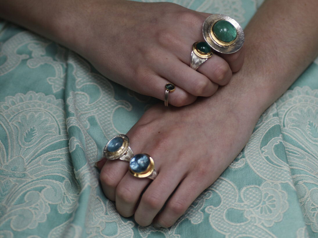 Rings, 2010-2013
Silver, 18ct gold with emeralds, green sapphire and aquamarines
