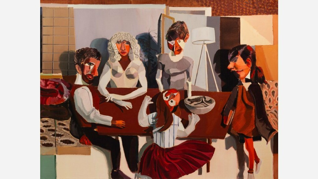 Jakub Tomáš,
The Shoe in the Bowl, 2023,
Oil on canvas, 47.25h x 63w in,
120.02h x 160.02w cm. Courtesy of the artist and Asya Geisberg Gallery