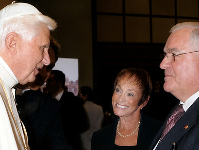 Gary and Meredith Krupp greet H.H. Pope Benedict XVI during a private PTWF audience in Castel Gandolfo Hall of the Swiss