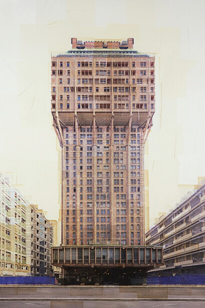 Milano, Il Monolite. Stampa fotografica su collage di pagine di libri d'epoca, op. 3 di 3, 155x105x4 cm, 2015, courtesy: Costantini Art Gallery

