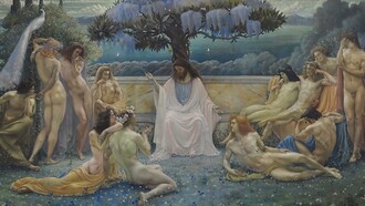 Jean Delville, Italia en 1898, influenciado por el estilo de pintura clásico y renacentista, y también por las tendencias espirituales esotéricas, que fueron fundamentales para su arte idealista. L'École de Platon, ("La escuela de Platón"). En la pintura, se representa a Platón enseñando a sus discípulos en un entorno ideal, y las figuras están dibujadas según un principio espiritual de androginia