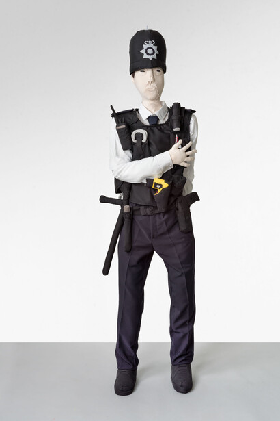 “Polizistin (Policewoman)”, 2019
Fabric, cotton, wood, wire
76 3/4 x 23 1/2 x 15 3/4 inches
195 x 60 x 40 cm. Courtesy Michael Werner Gallery, New York and London 
