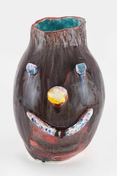 Dan McCarthy, Untitled Ceramic Facepot #38, 2013, Low fire clay and crystal glaze with enamel paint, 16 3/4 x 10 3/4 inches. Courtesy Anton Kern Gallery, New York