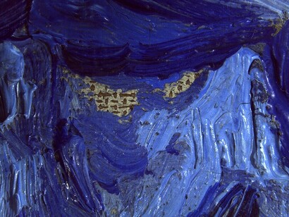 A stereo microscope view of the painting's brushwork showing the white preparation layer underneath the thick application of paint. Courtesy of J. Paul Getty Museum