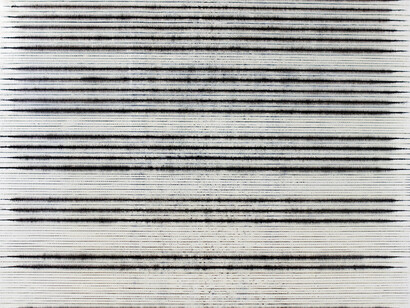Yazid Oulab, Untitled (VI). 2015, Oil on canvas and plumb lines, 161h x 201w cm, Courtesy of Selma Feriani Gallery and the artist

