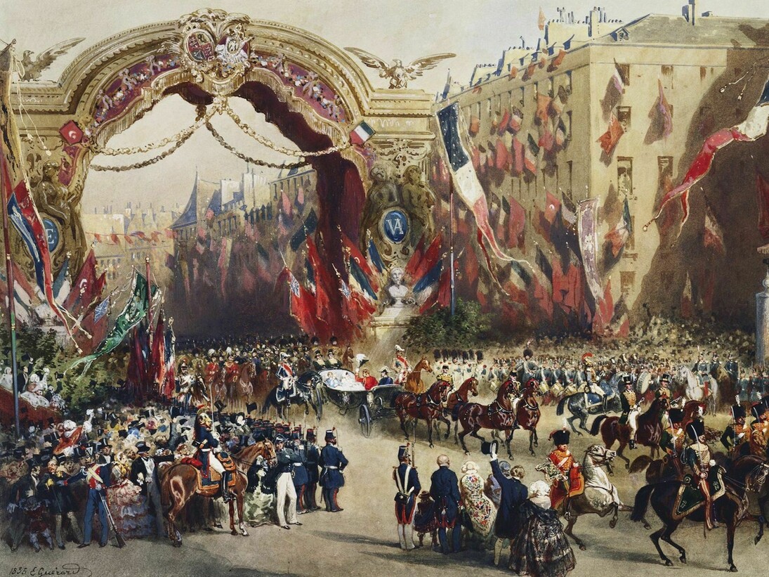 Queen Victoria s entry into Paris -18 August 1855 by Eugène-Charles-François Guérard 1821-66 - Presented to Queen Victoria by the Emperor and Empress - Christmas 1855 ©  Royal Collection
